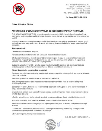 ANUNȚ PRIVIND EFECTUAREA LUCRĂRILOR DE DEZINSECȚIE ÎMPOTRIVA ȚÂNȚARILOR +