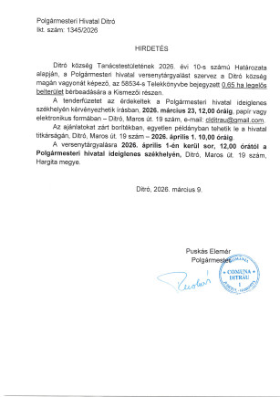 Hirdetés 0,65 Ha legelős terület bérbeadásáról