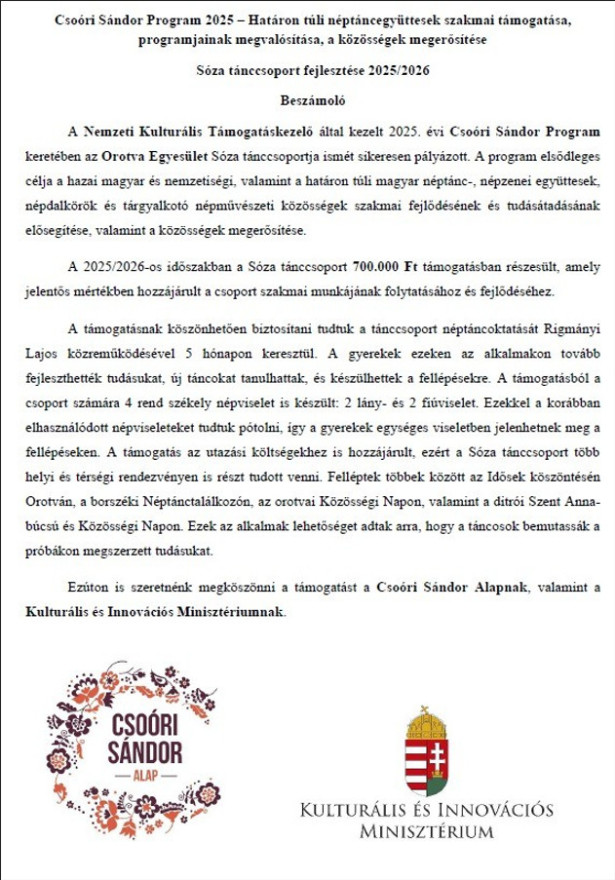 Csóri Sándor Program 2025 - Sóza tánccsoport fejlesztése