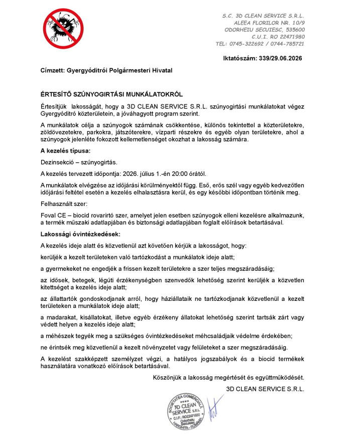 ÉRTESÍTŐ SZÚNYOGIRTÁSI MUNKÁLATOKRÓL +