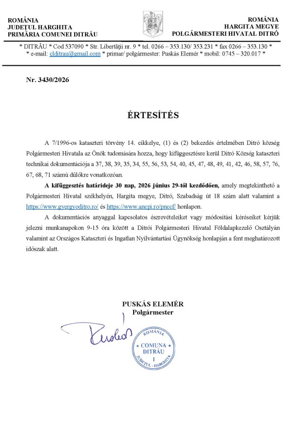 Hirdetés kataszteri technikai dokumentáció
