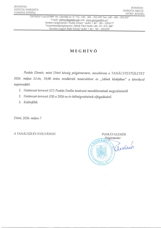 Meghívó tanácsűlésre 2026. május 11.