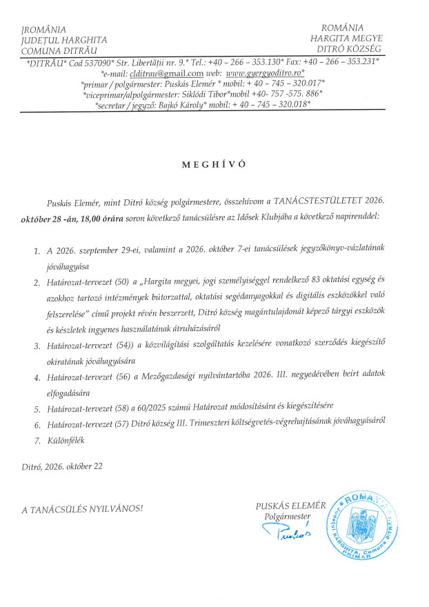 Meghívó tanácsülésre 2026.10.28.